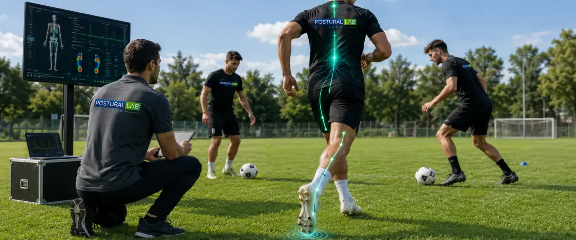 Staff Postural Lab Team al lavoro con atleti su un campo da calcio