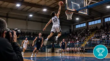 Atleta di basket a canestro durante una partita